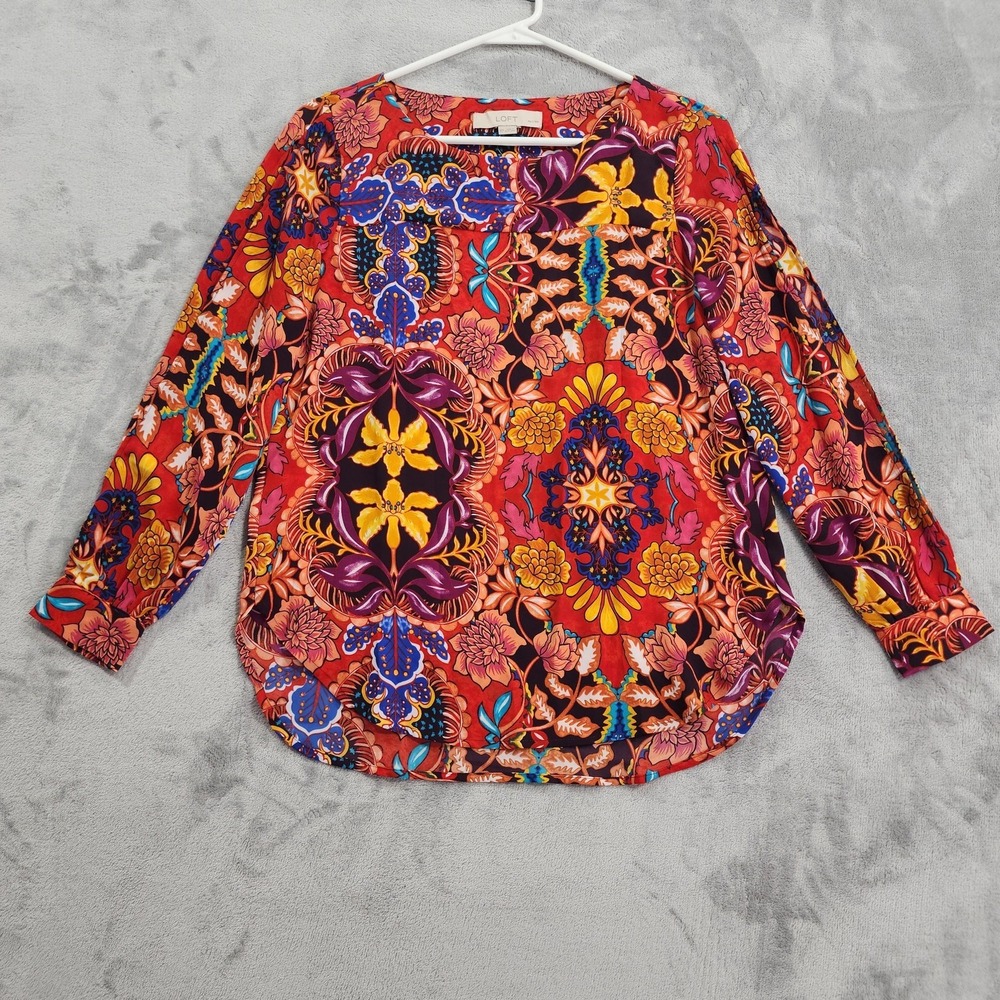 NEW LOFT Top Womens XSP PETITES Multicolor Floral Boat Neck Long Sleeve Blouse